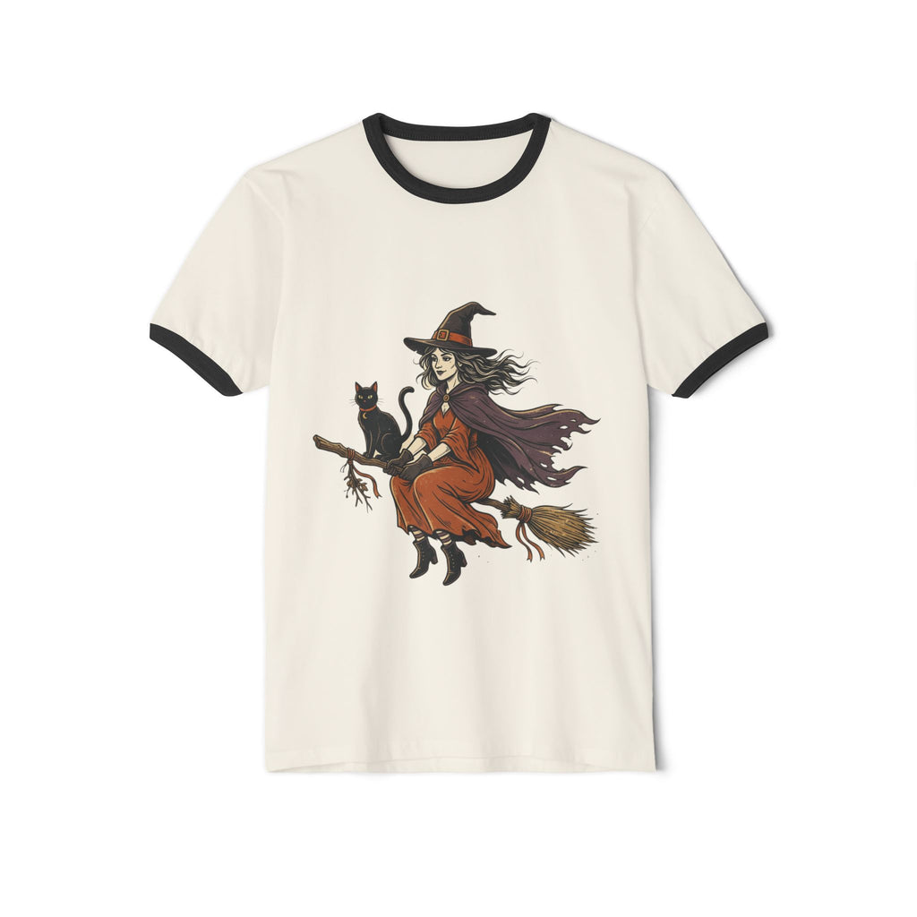 Witch on Broom Ringer T-Shirt — Vintage Halloween Witch with Black Cat
