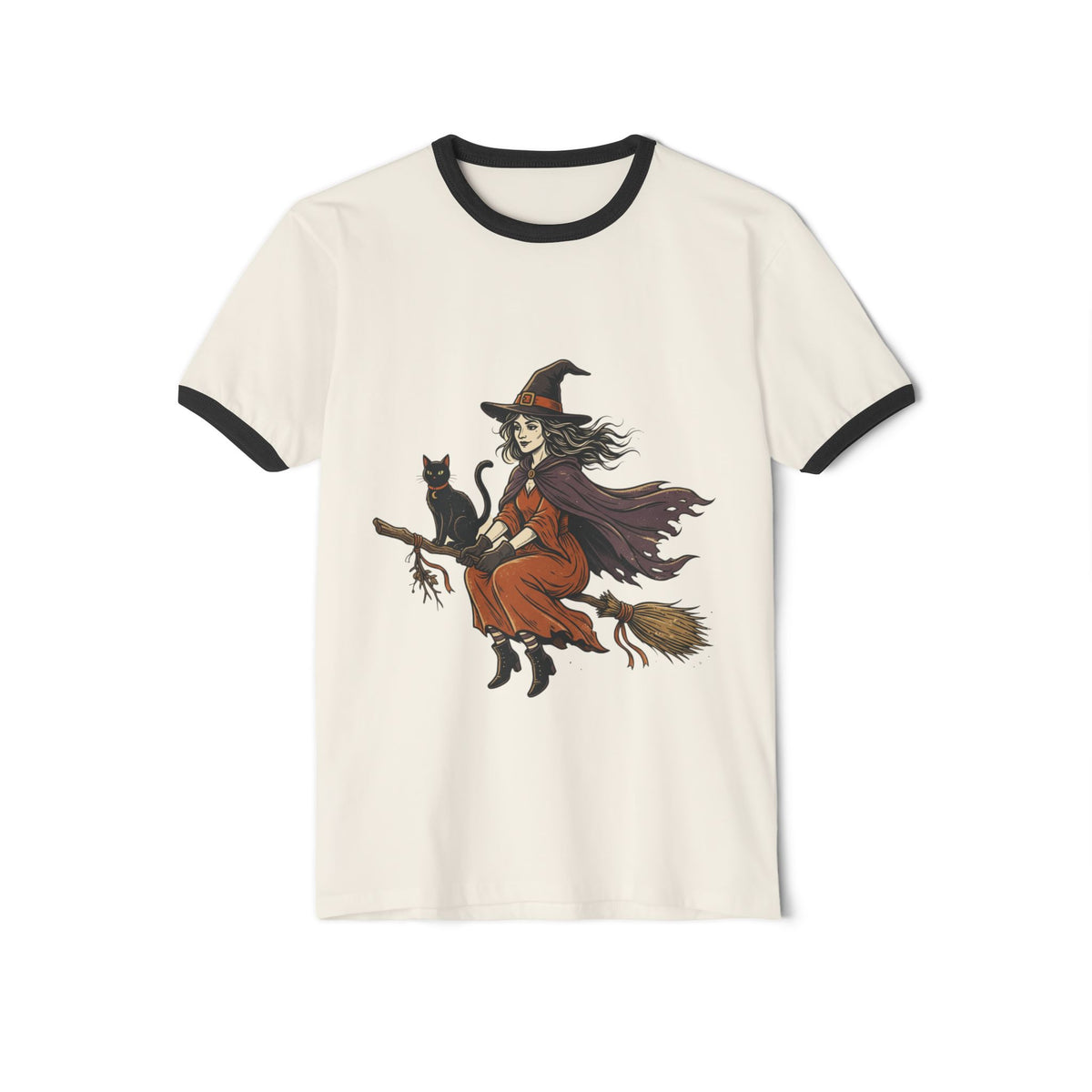 Witch on Broom Ringer T-Shirt — Vintage Halloween Witch with Black Cat