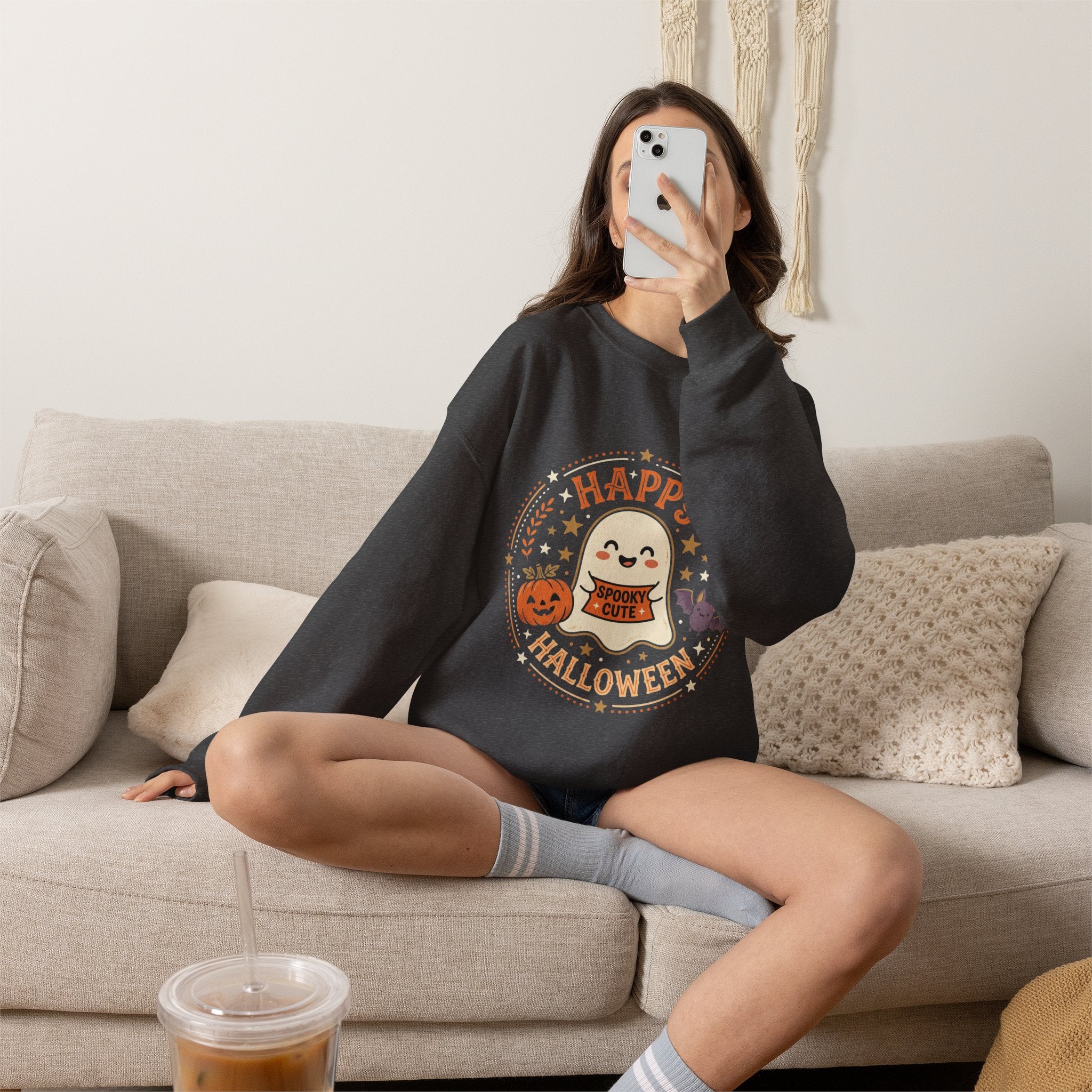 Happy Halloween Ghost Sweatshirt | Spooky Cute Pumpkin & Bats