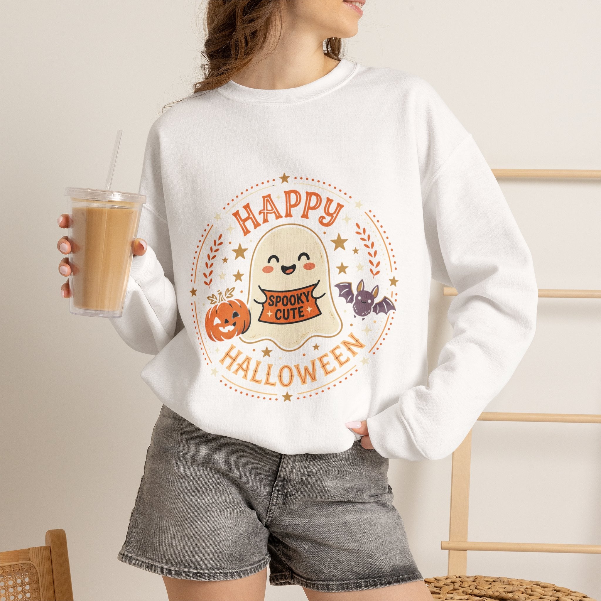 Happy Halloween Ghost Sweatshirt | Spooky Cute Pumpkin & Bats