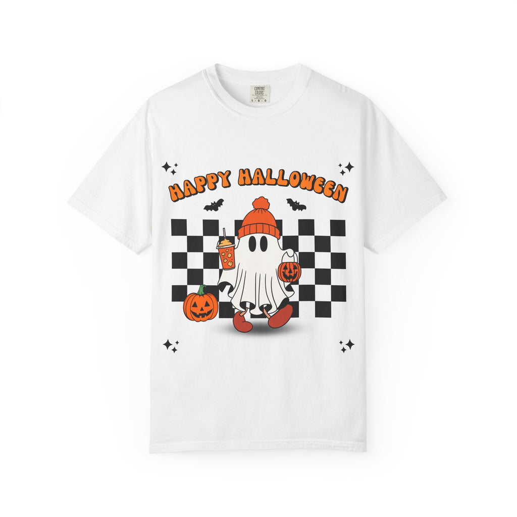Cute Ghost Holding Pumpkin and Coffee T-shirt | Happy Halloween Checkerboard