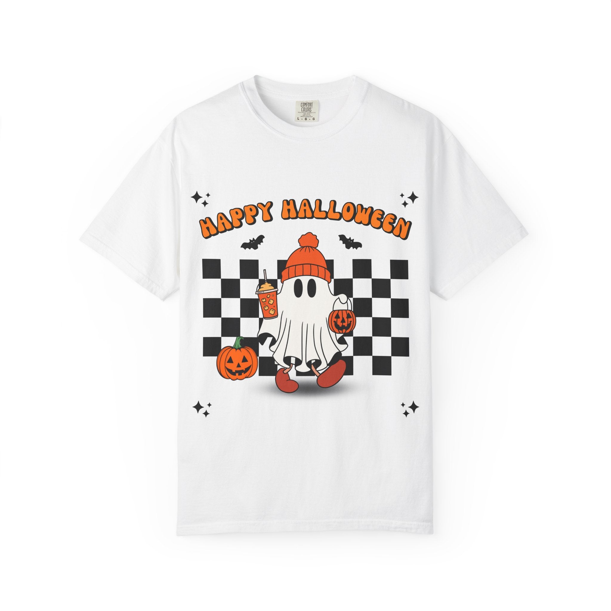 Cute Ghost Holding Pumpkin and Coffee T-shirt | Happy Halloween Checkerboard