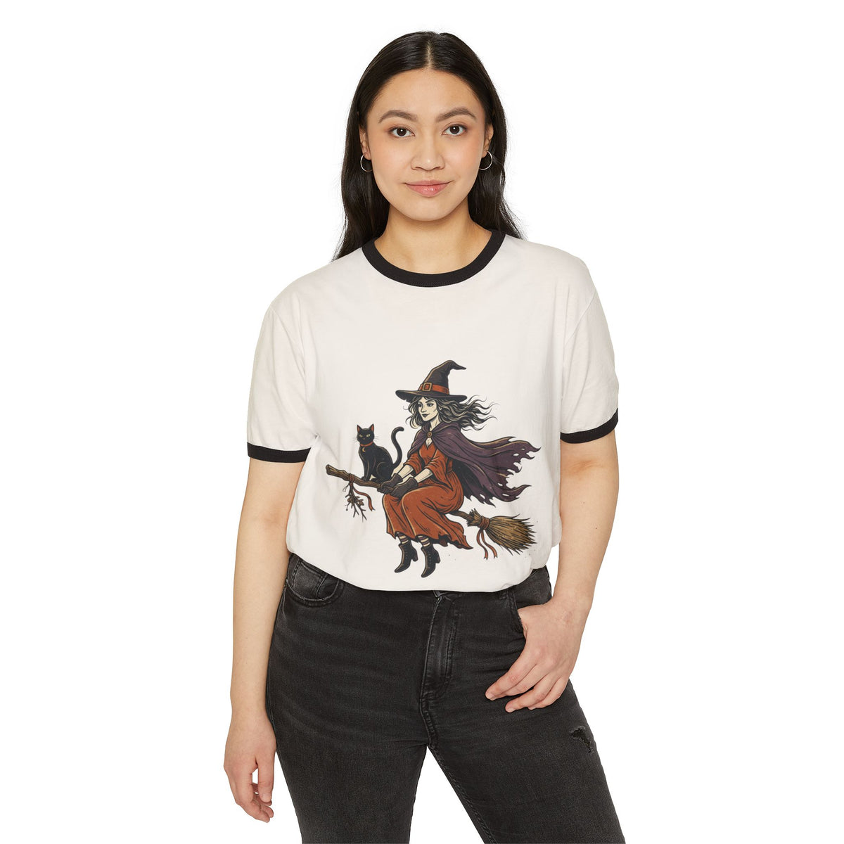 Witch on Broom Ringer T-Shirt — Vintage Halloween Witch with Black Cat