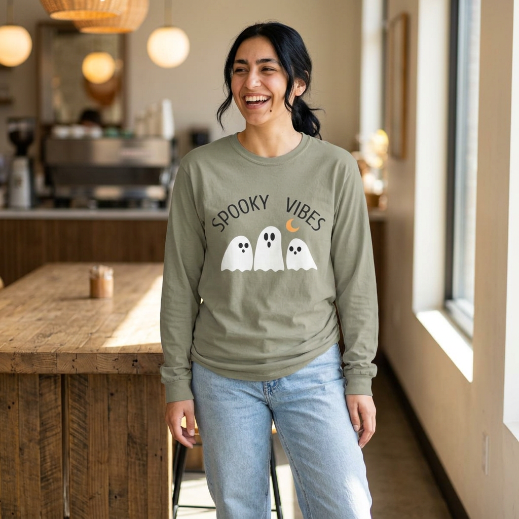 Spooky Vibes ghost trio Long Sleeve T-Shirt | Halloween orange