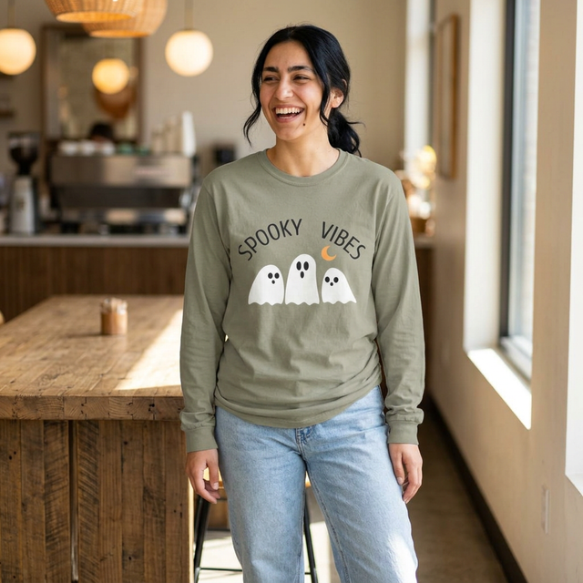 Spooky Vibes ghost trio Long Sleeve T-Shirt | Halloween orange