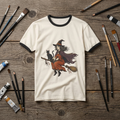 Witch on Broom Ringer T-Shirt — Vintage Halloween Witch with Black Cat