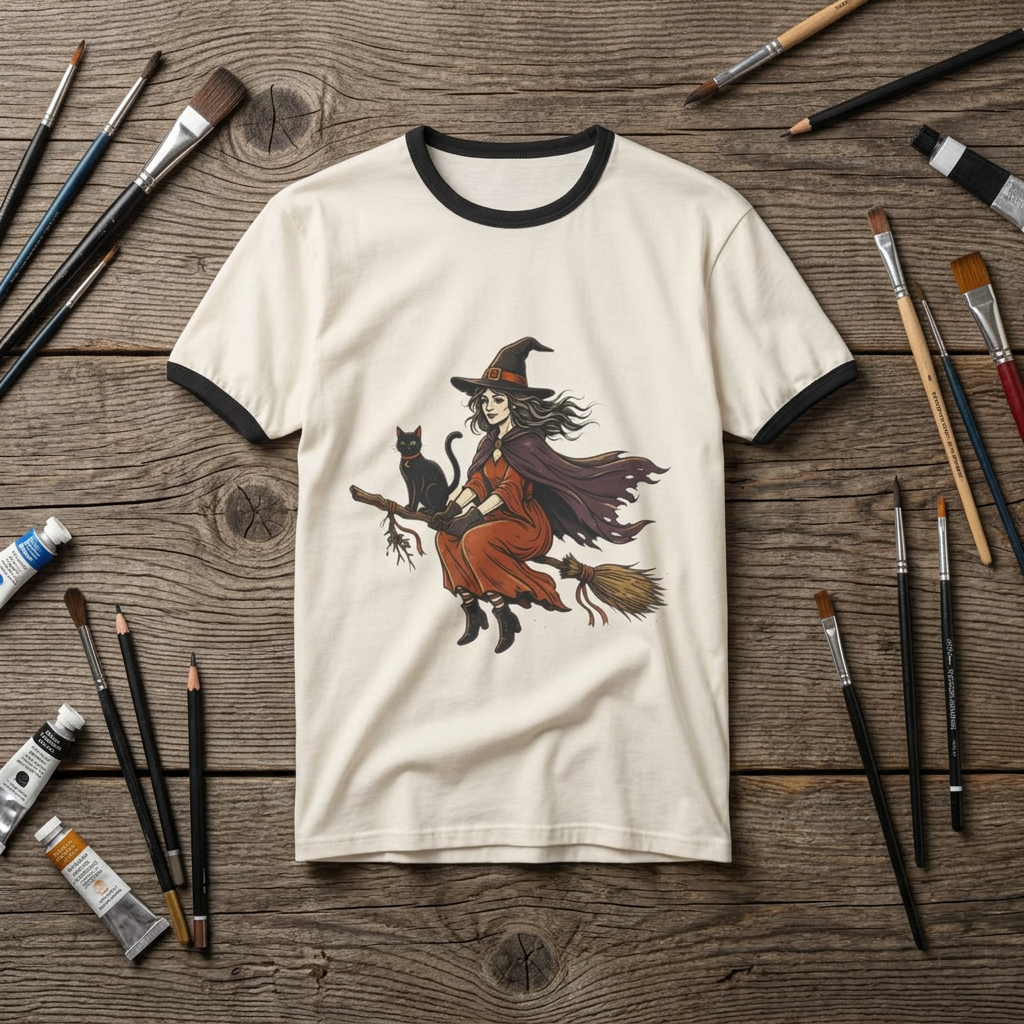 Witch on Broom Ringer T-Shirt — Vintage Halloween Witch with Black Cat