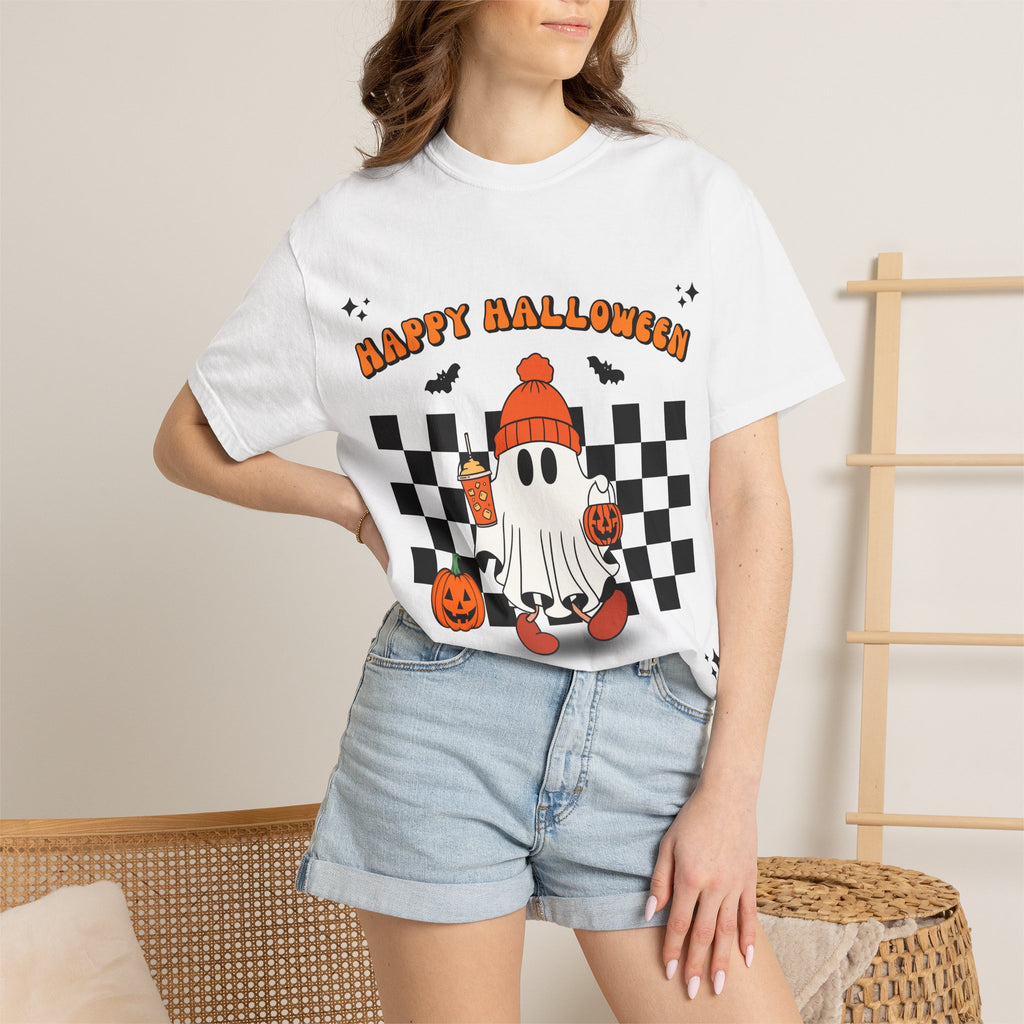 Cute Ghost Holding Pumpkin and Coffee T-shirt | Happy Halloween Checkerboard