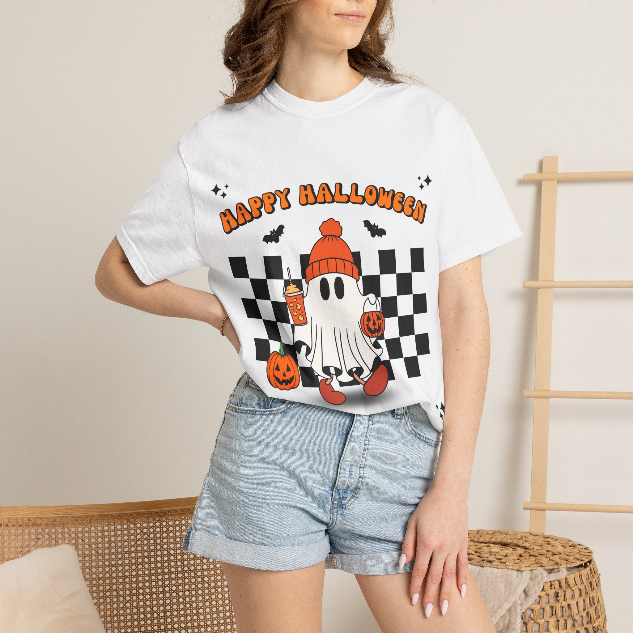 Cute Ghost Holding Pumpkin and Coffee T-shirt | Happy Halloween Checkerboard