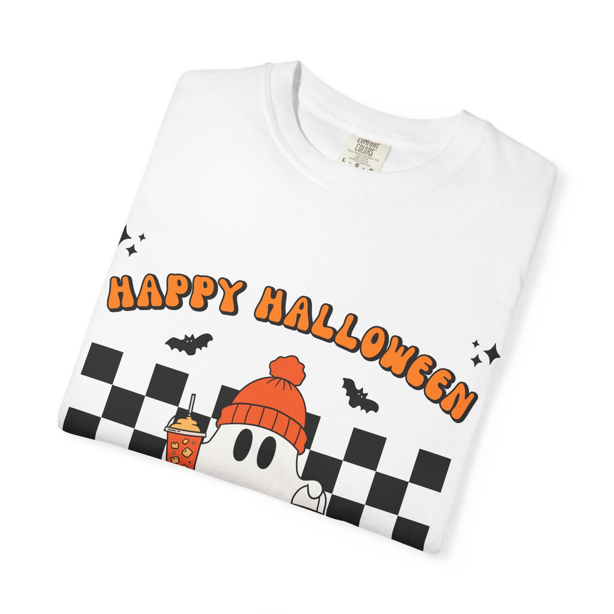 Cute Ghost Holding Pumpkin and Coffee T-shirt | Happy Halloween Checkerboard