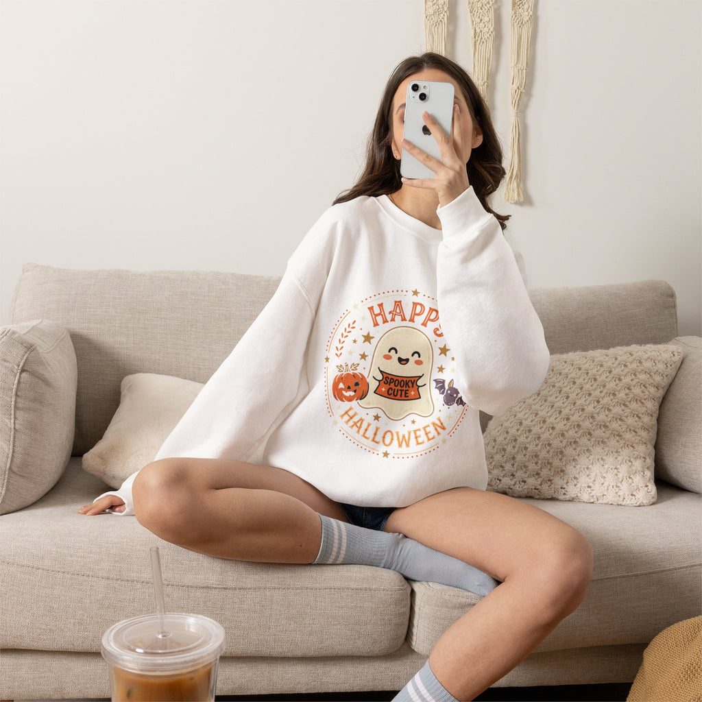Happy Halloween Ghost Sweatshirt | Spooky Cute Pumpkin & Bats