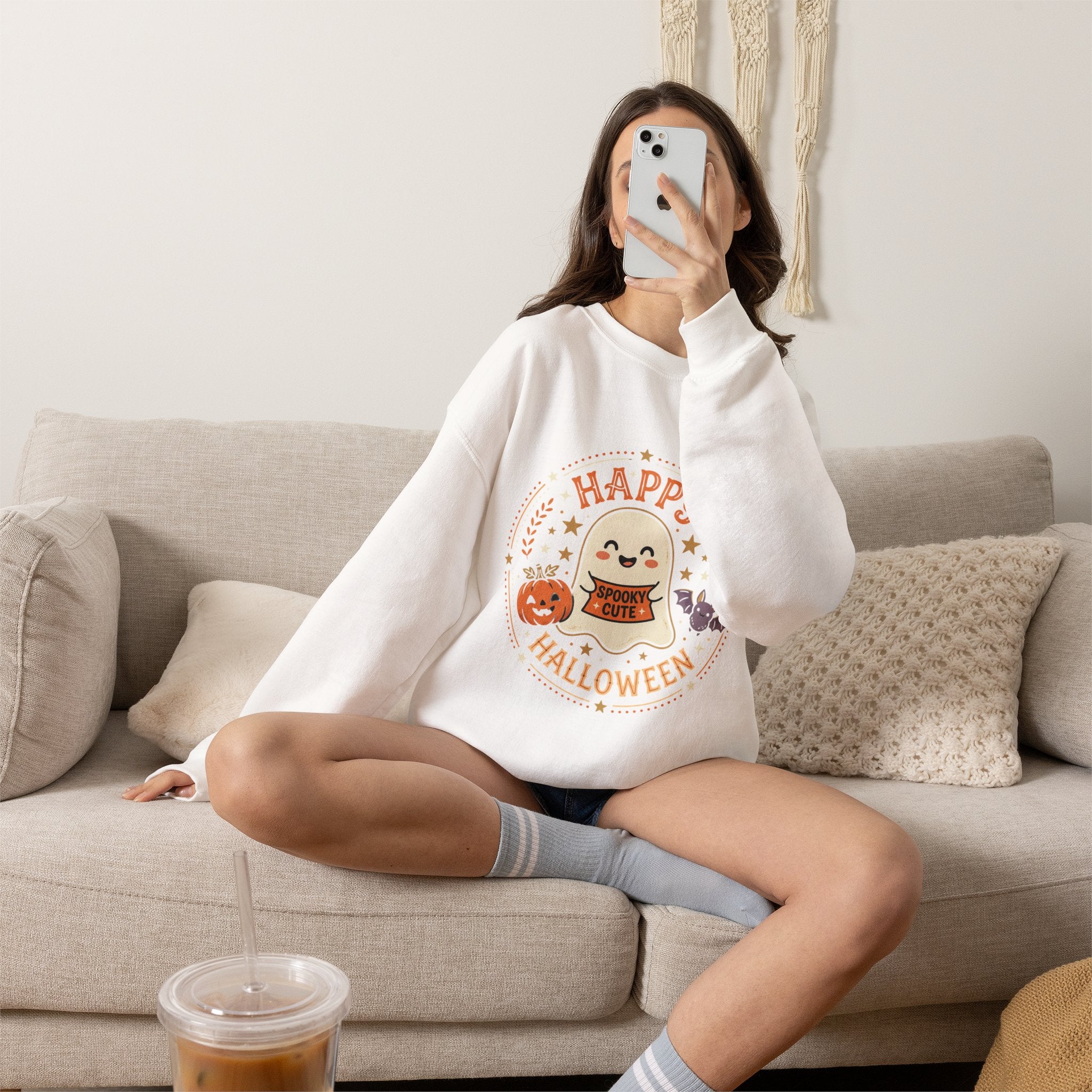 Happy Halloween Ghost Sweatshirt | Spooky Cute Pumpkin & Bats