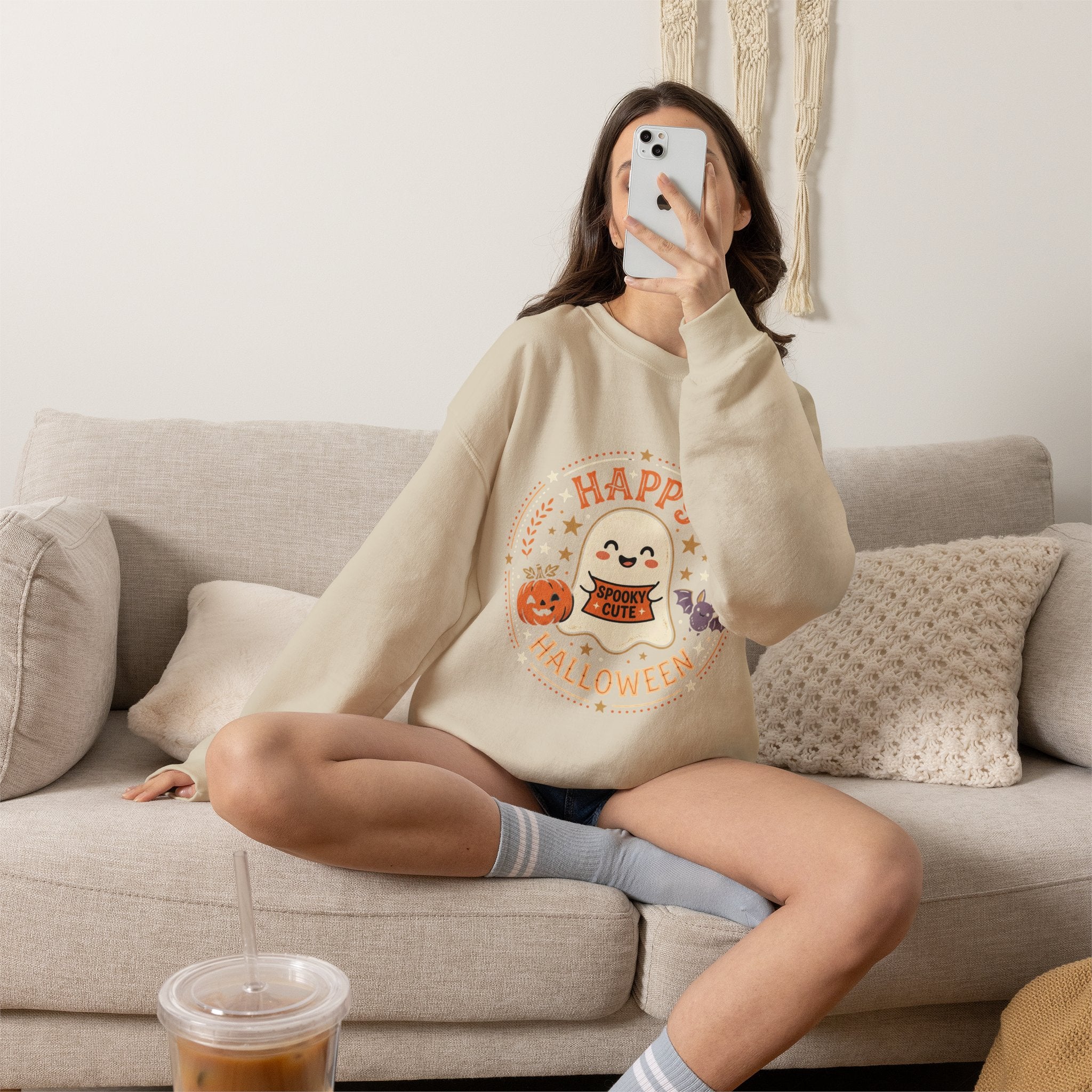 Happy Halloween Ghost Sweatshirt | Spooky Cute Pumpkin & Bats