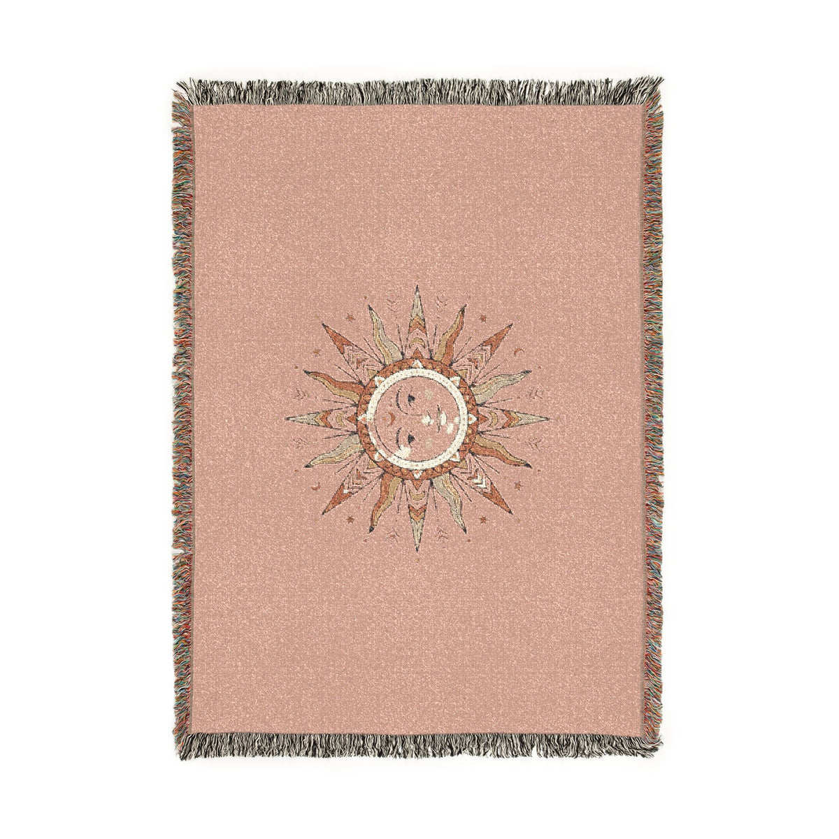 Celestial Sun Woven Blanket — Boho Sun Face Throw for Living Room, Bedroom, or Picnic