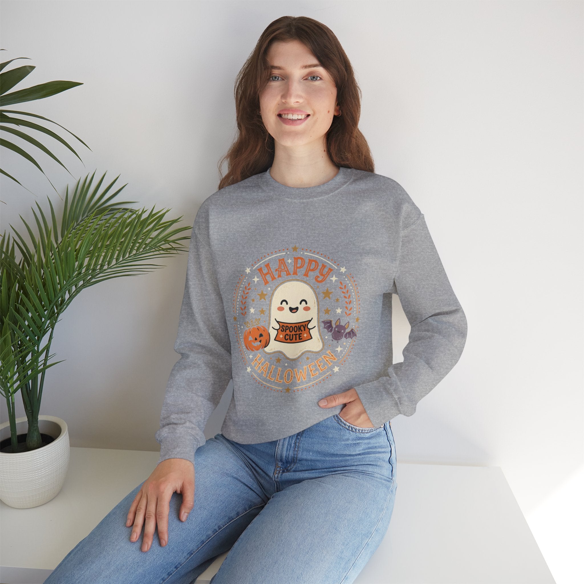 Happy Halloween Ghost Sweatshirt | Spooky Cute Pumpkin & Bats