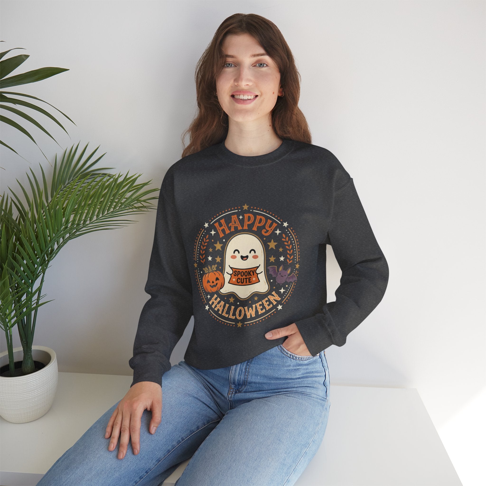 Happy Halloween Ghost Sweatshirt | Spooky Cute Pumpkin & Bats